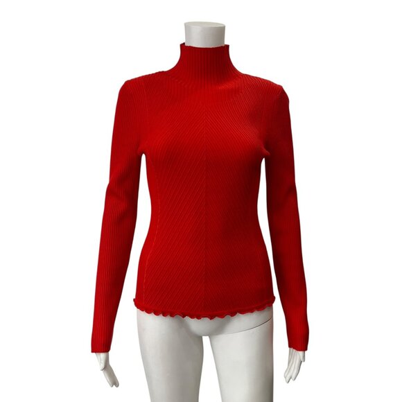 $325 Phillip Lim Red Knit Ribbed Slim Turtleneck Scalloped Sweater size Medium - Picture 1 of 8